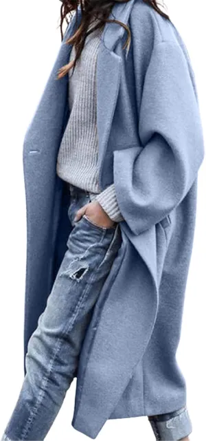 MOLERFO Women's Oversized Notched Collar Wool Blend Single Breast Midi Long Trench Coat