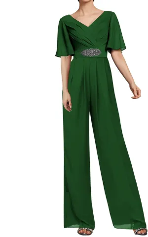 Mother of The Bride Dresses Pants Suits for Wedding Chiffon Long Formal Evening Dress V-Neck Women's Jumpsuits