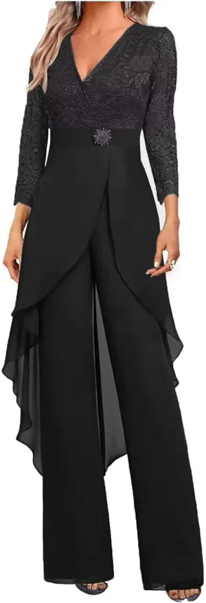 Mother of The Bride Pants Suits Dresses for Wedding Chiffon 2 Pcs Formal Pant Suits V-Neck Women's Jumpsuits