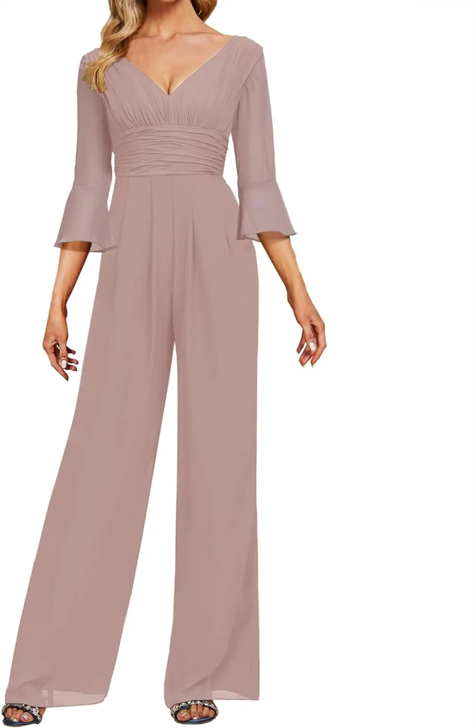Mother of The Bride Pants Suits Dresses for Wedding Chiffon Long Formal Evening Gowns V-Neck Women's Jumpsuits