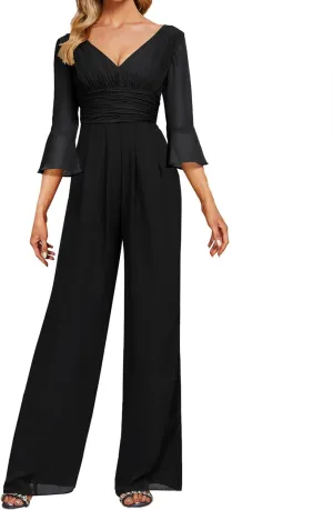 Mother of The Bride Pants Suits Dresses for Wedding Chiffon Long Formal Evening Gowns V-Neck Women's Jumpsuits