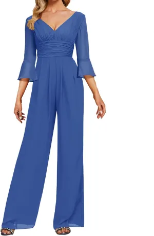 Mother of The Bride Pants Suits Dresses for Wedding Chiffon Long Formal Evening Gowns V-Neck Women's Jumpsuits
