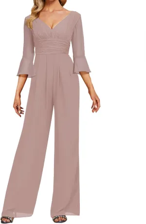 Mother of The Bride Pants Suits Dresses for Wedding Chiffon Long Formal Evening Gowns V-Neck Women's Jumpsuits