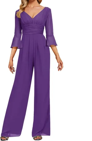 Mother of The Bride Pants Suits Dresses for Wedding Chiffon Long Formal Evening Gowns V-Neck Women's Jumpsuits