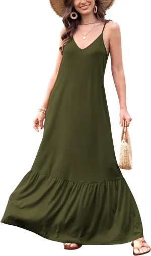 Naggoo Women's Summer Maxi Dress Casual V Neck Spaghetti Strap Beach Dress Flowy Swing Long Sundress with Pockets