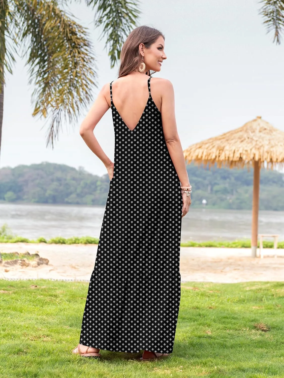 Naggoo Women's Summer Maxi Dress Casual V Neck Spaghetti Strap Beach Dress Flowy Swing Long Sundress with Pockets