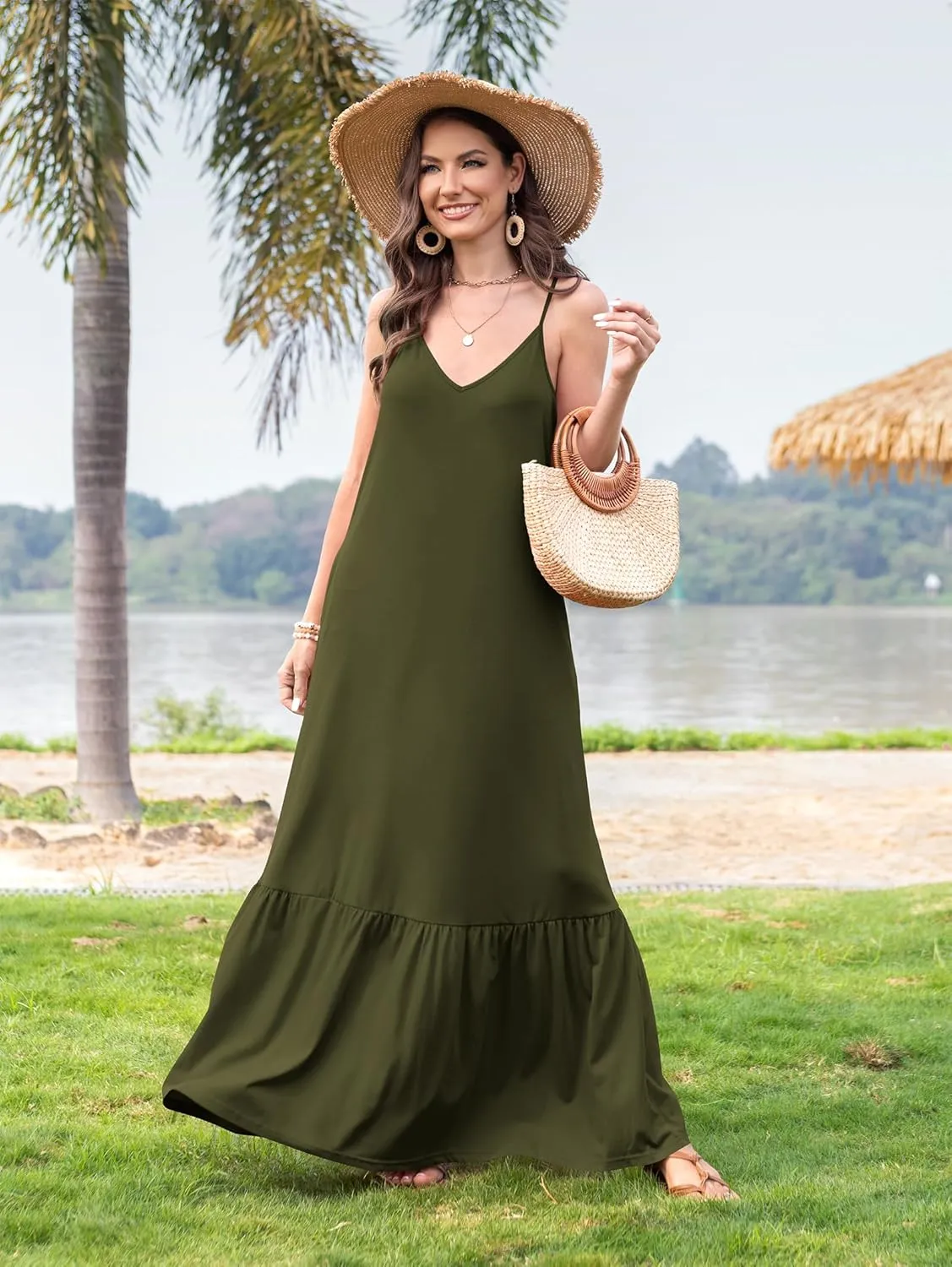 Naggoo Women's Summer Maxi Dress Casual V Neck Spaghetti Strap Beach Dress Flowy Swing Long Sundress with Pockets