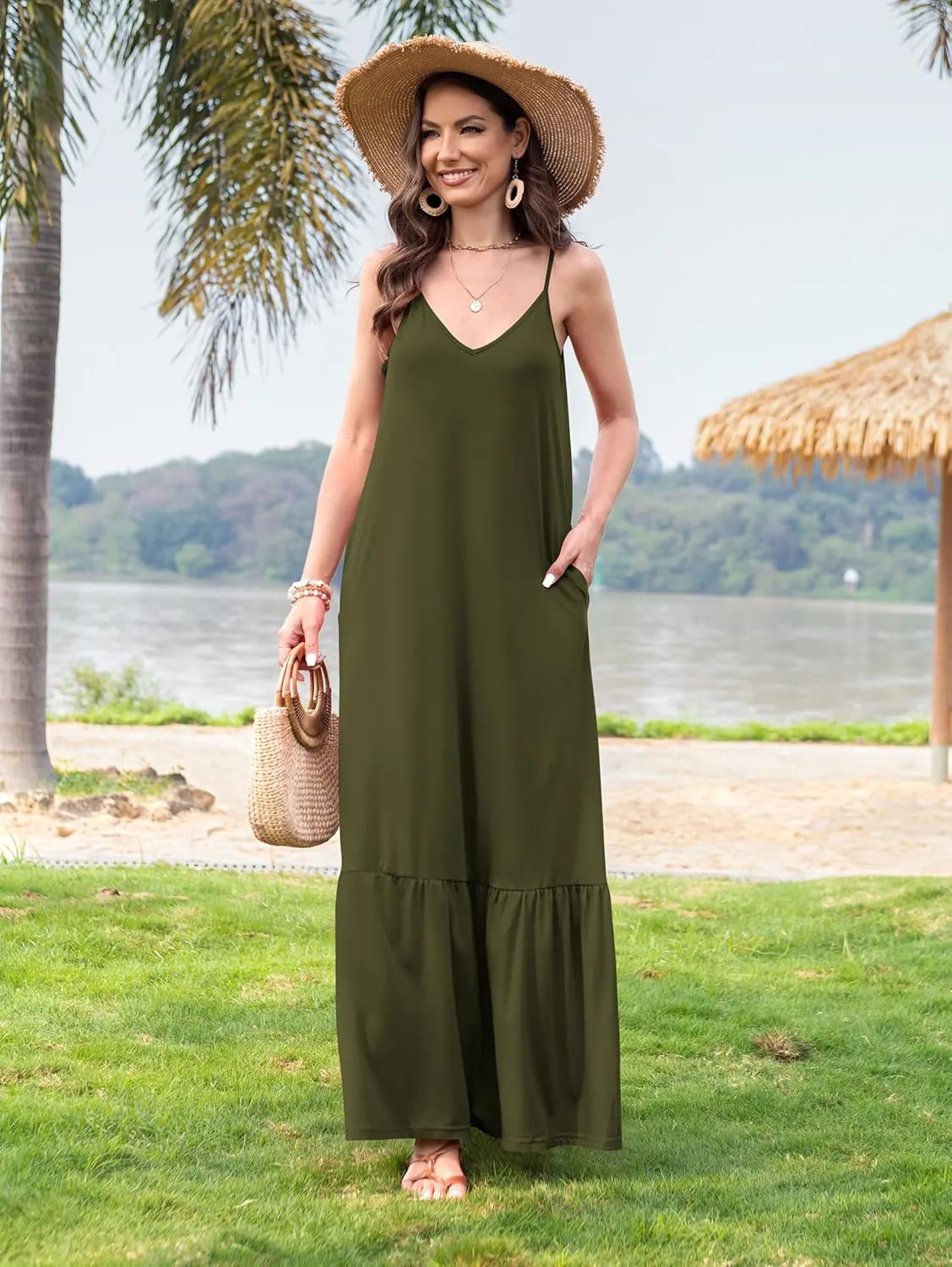 Naggoo Women's Summer Maxi Dress Casual V Neck Spaghetti Strap Beach Dress Flowy Swing Long Sundress with Pockets