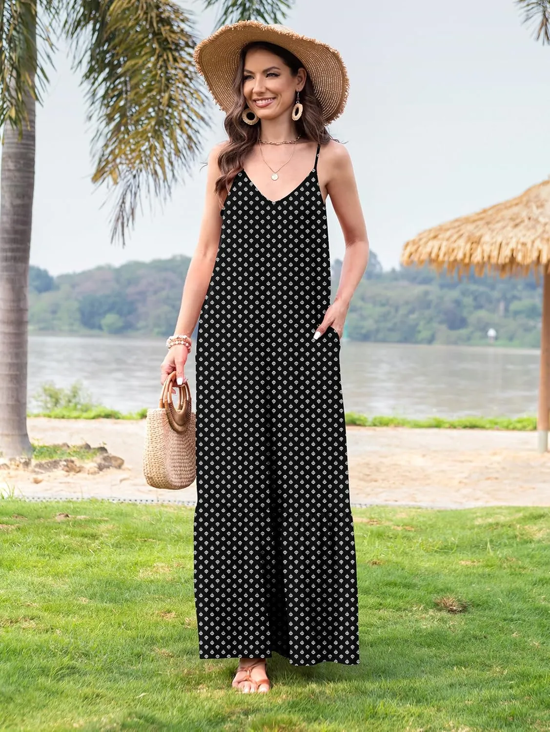 Naggoo Women's Summer Maxi Dress Casual V Neck Spaghetti Strap Beach Dress Flowy Swing Long Sundress with Pockets