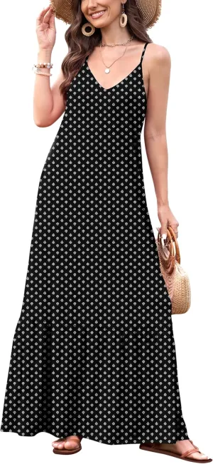 Naggoo Women's Summer Maxi Dress Casual V Neck Spaghetti Strap Beach Dress Flowy Swing Long Sundress with Pockets