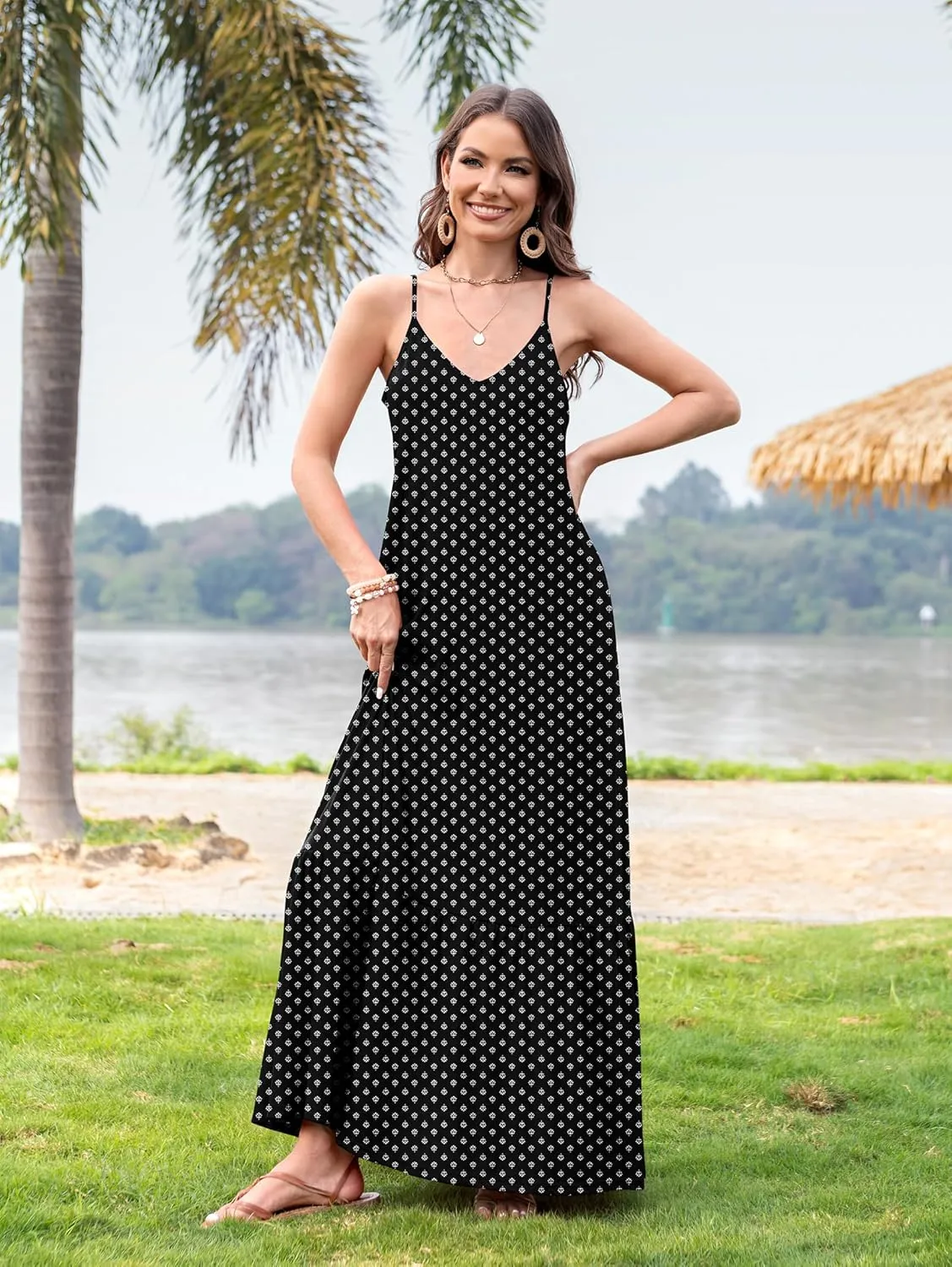 Naggoo Women's Summer Maxi Dress Casual V Neck Spaghetti Strap Beach Dress Flowy Swing Long Sundress with Pockets