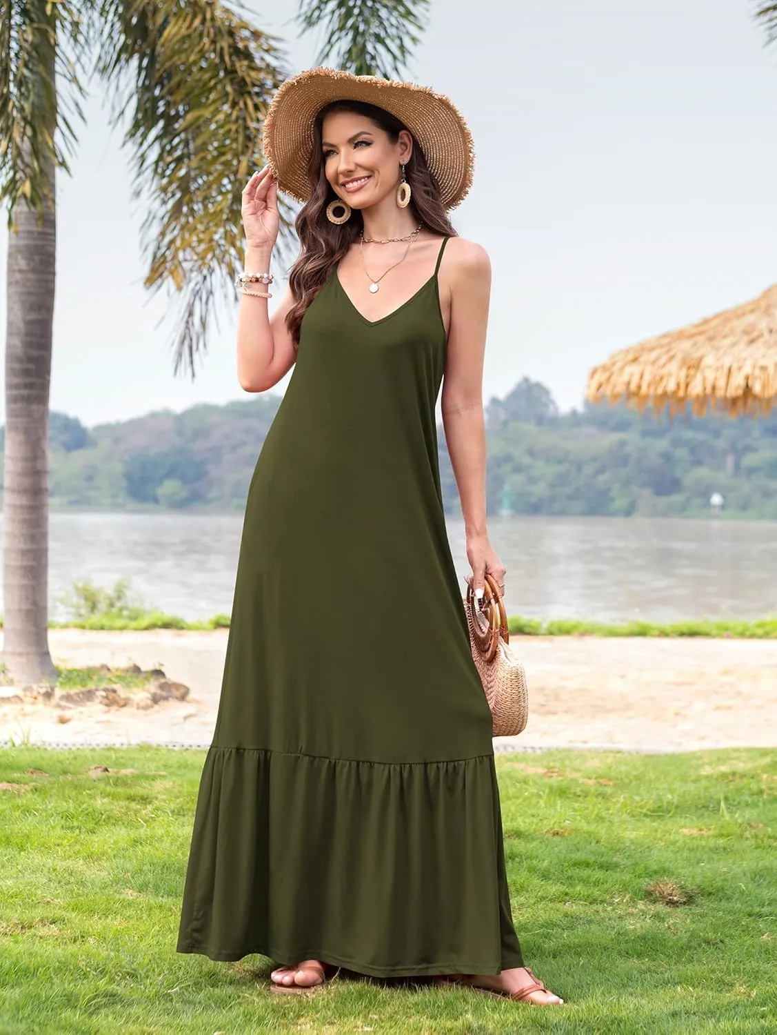 Naggoo Women's Summer Maxi Dress Casual V Neck Spaghetti Strap Beach Dress Flowy Swing Long Sundress with Pockets