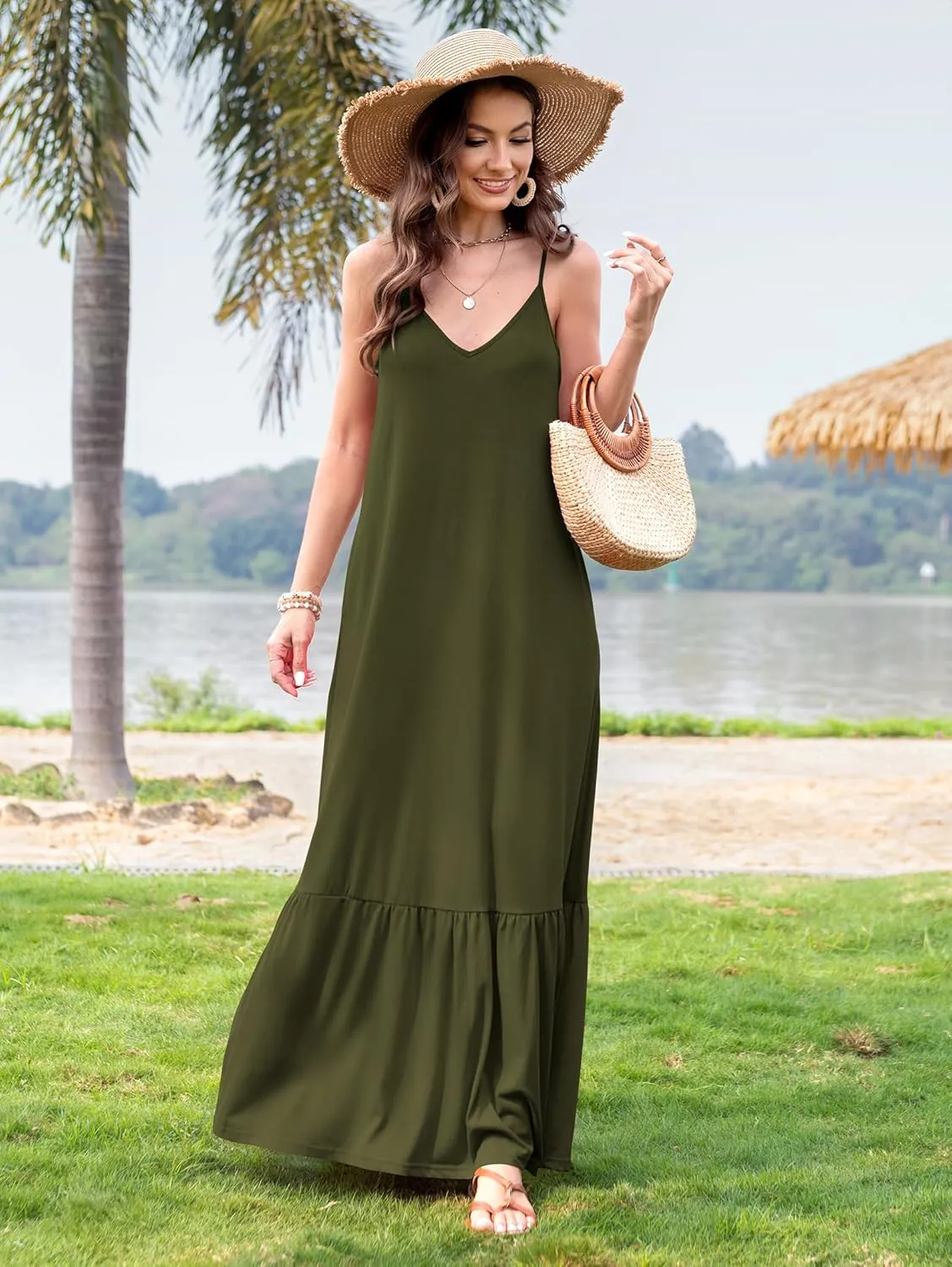 Naggoo Women's Summer Maxi Dress Casual V Neck Spaghetti Strap Beach Dress Flowy Swing Long Sundress with Pockets