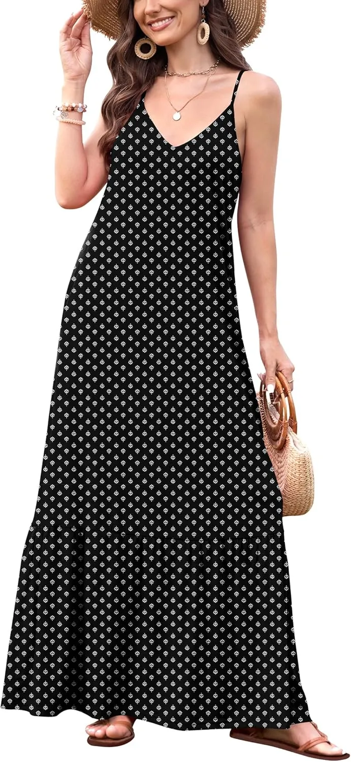 Naggoo Women's Summer Maxi Dress Casual V Neck Spaghetti Strap Beach Dress Flowy Swing Long Sundress with Pockets