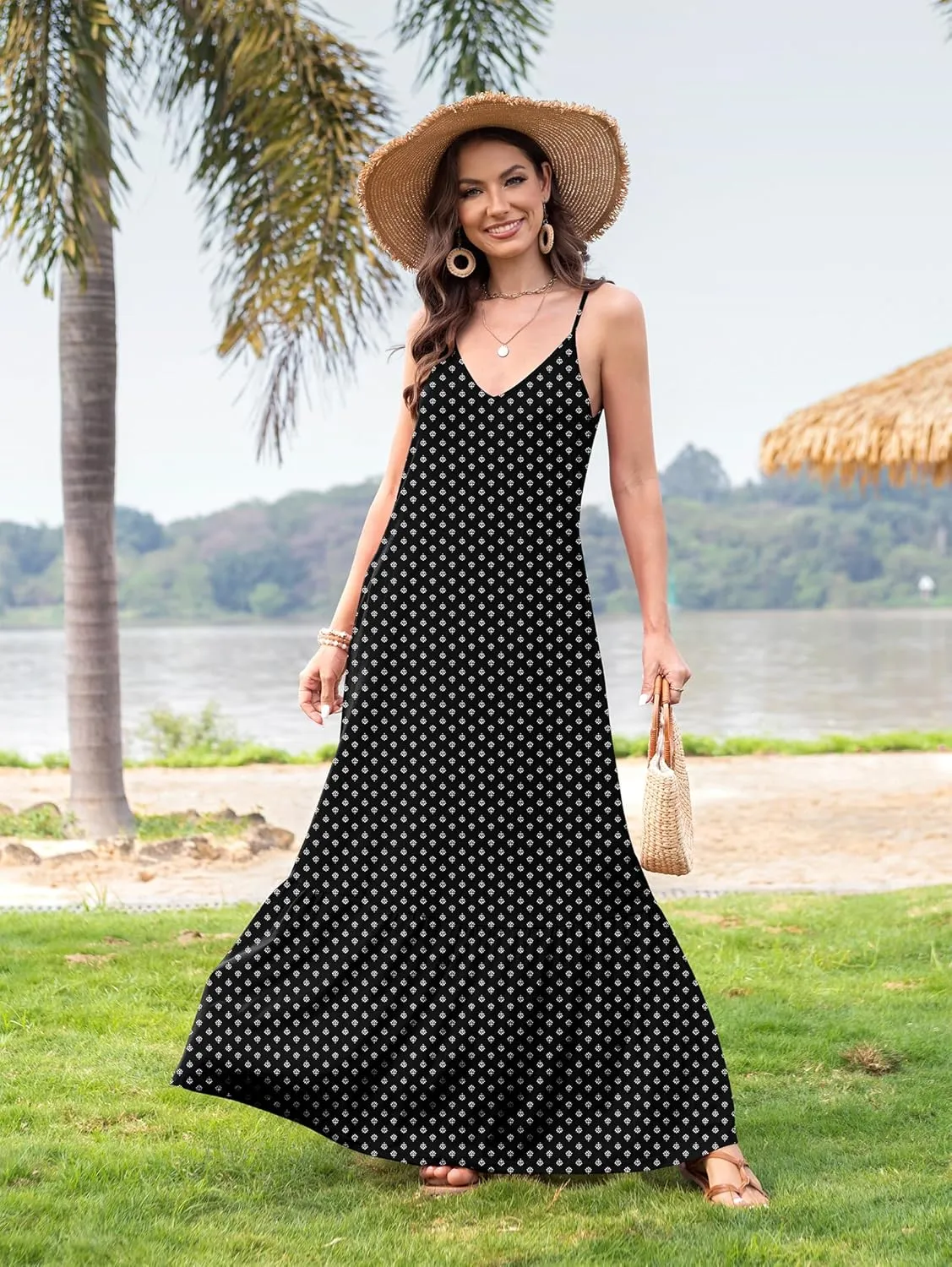 Naggoo Women's Summer Maxi Dress Casual V Neck Spaghetti Strap Beach Dress Flowy Swing Long Sundress with Pockets