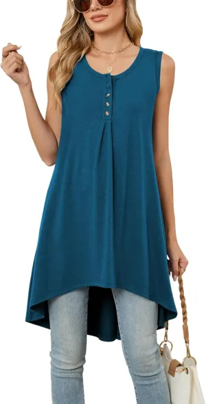 Naggoo Women's Summer Sleeveless Tunic Tops Button V Neck High Low Loose Flowy Casual Long Tank Tops