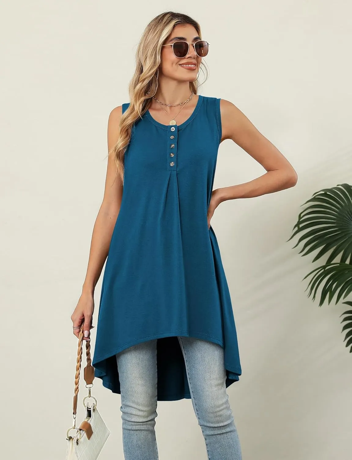 Naggoo Women's Summer Sleeveless Tunic Tops Button V Neck High Low Loose Flowy Casual Long Tank Tops