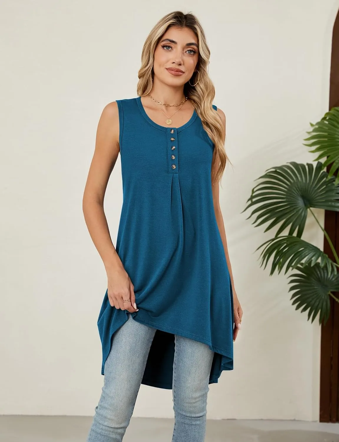 Naggoo Women's Summer Sleeveless Tunic Tops Button V Neck High Low Loose Flowy Casual Long Tank Tops