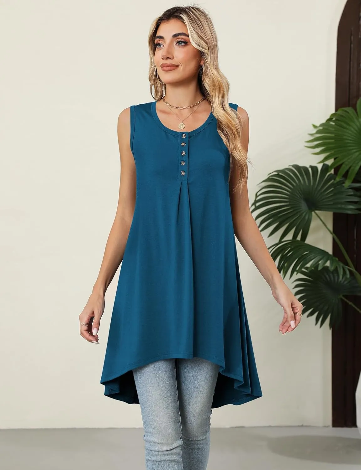 Naggoo Women's Summer Sleeveless Tunic Tops Button V Neck High Low Loose Flowy Casual Long Tank Tops
