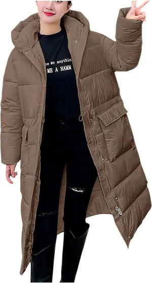 NATHGAM Long Down Winter Coats for Women Winter Thick Padded Down Coats with Hood Cotton-Padded Jacket Trendy Teen Outwear