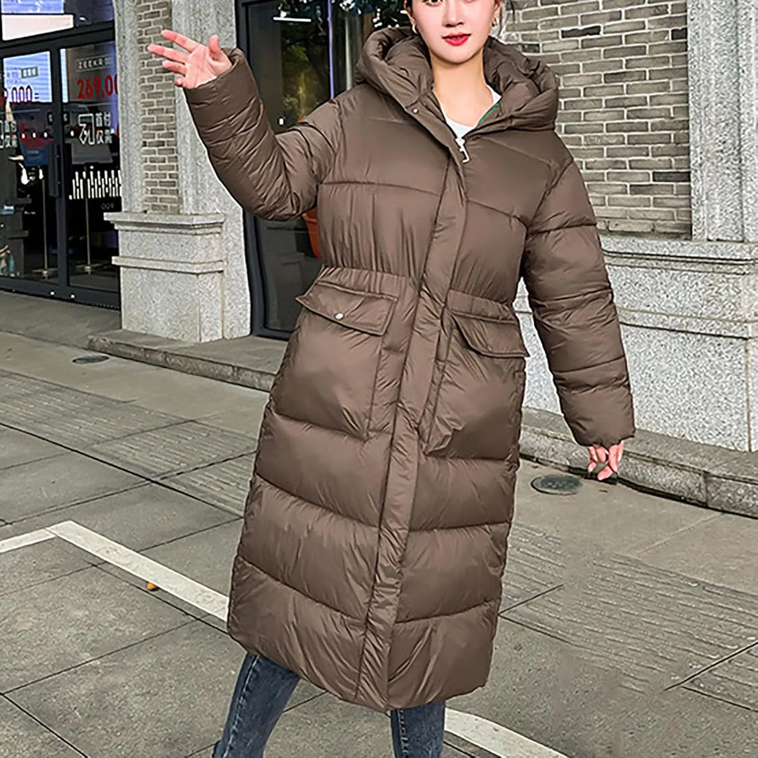 NATHGAM Long Down Winter Coats for Women Winter Thick Padded Down Coats with Hood Cotton-Padded Jacket Trendy Teen Outwear