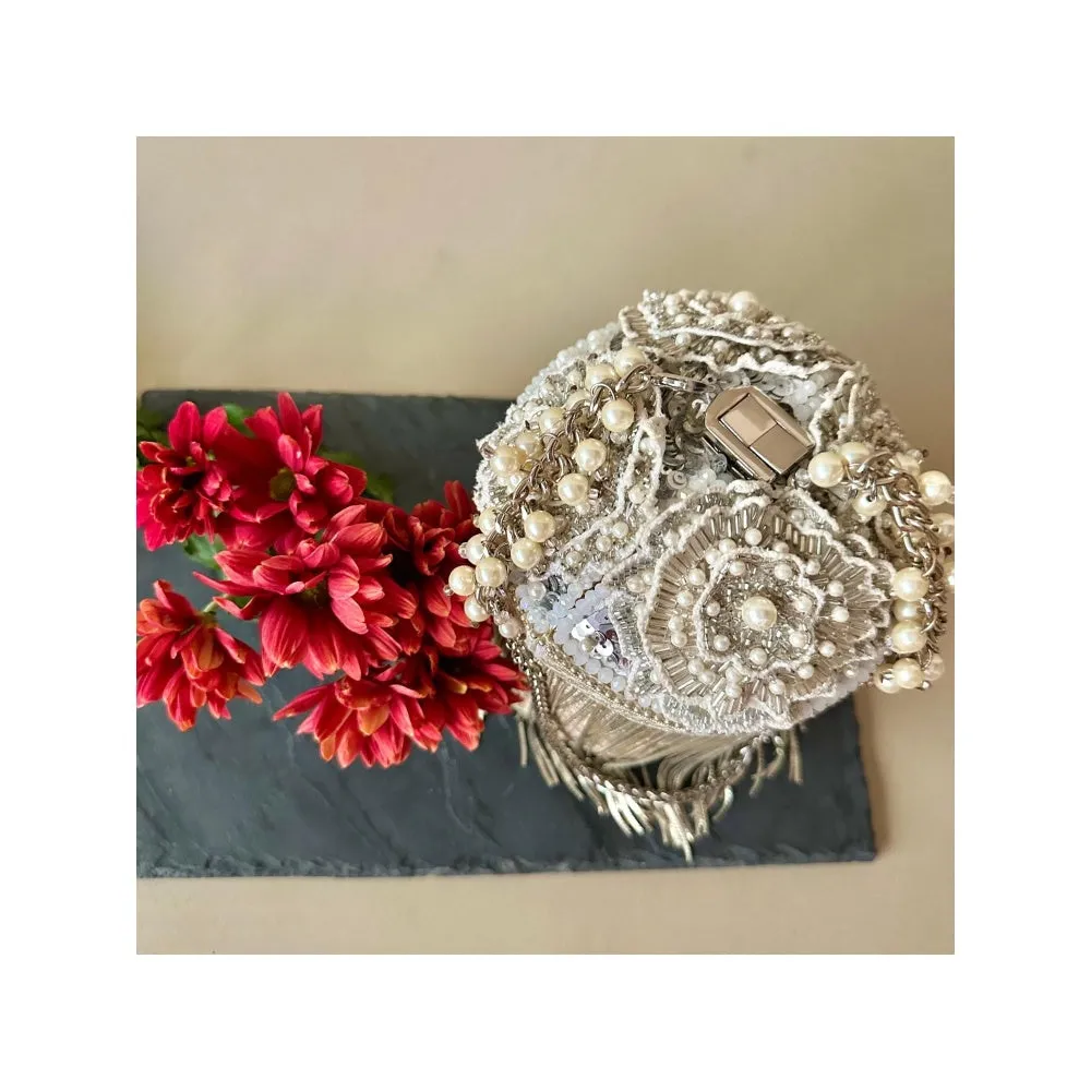 Nayaab by Sonia Hinted Cascade Silver Shimmer Potli Bag for Women