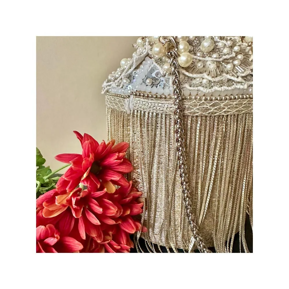 Nayaab by Sonia Hinted Cascade Silver Shimmer Potli Bag for Women