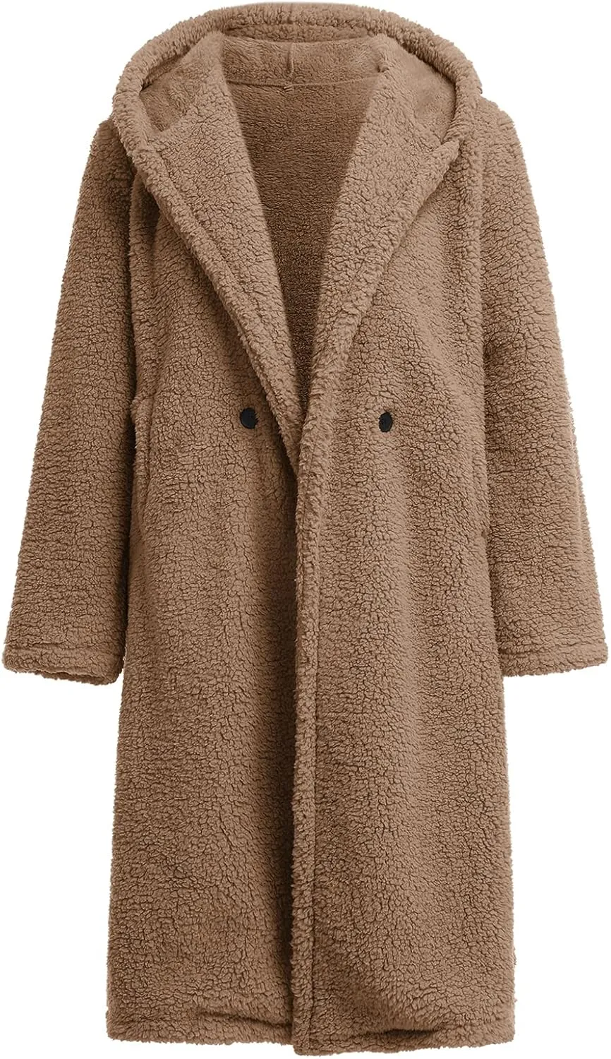 ODIZLI Women's Winter Coats Fuzzy Fleece Long Hooded Jackets Button Down Faux Fur Warm Outwear With Pockets