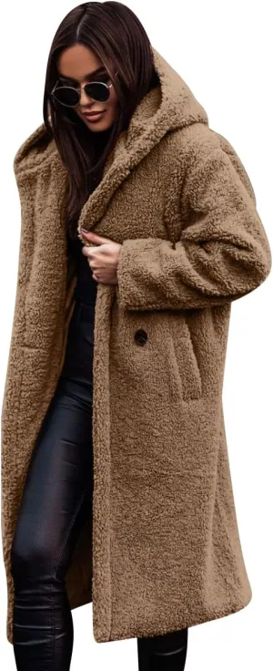 ODIZLI Women's Winter Coats Fuzzy Fleece Long Hooded Jackets Button Down Faux Fur Warm Outwear With Pockets