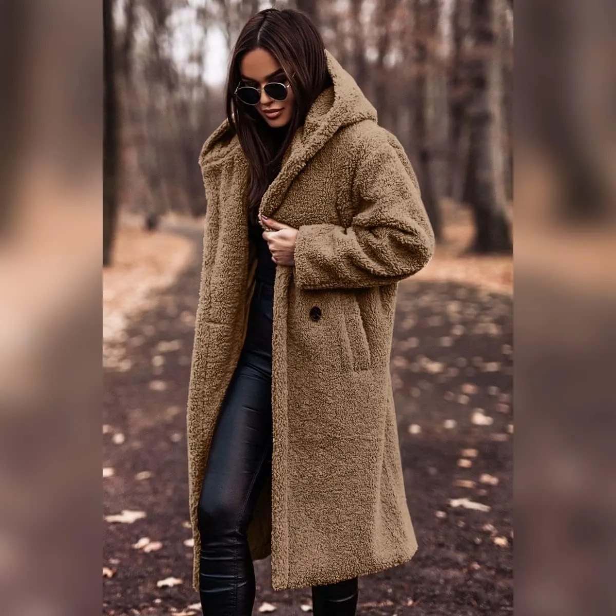 ODIZLI Women's Winter Coats Fuzzy Fleece Long Hooded Jackets Button Down Faux Fur Warm Outwear With Pockets