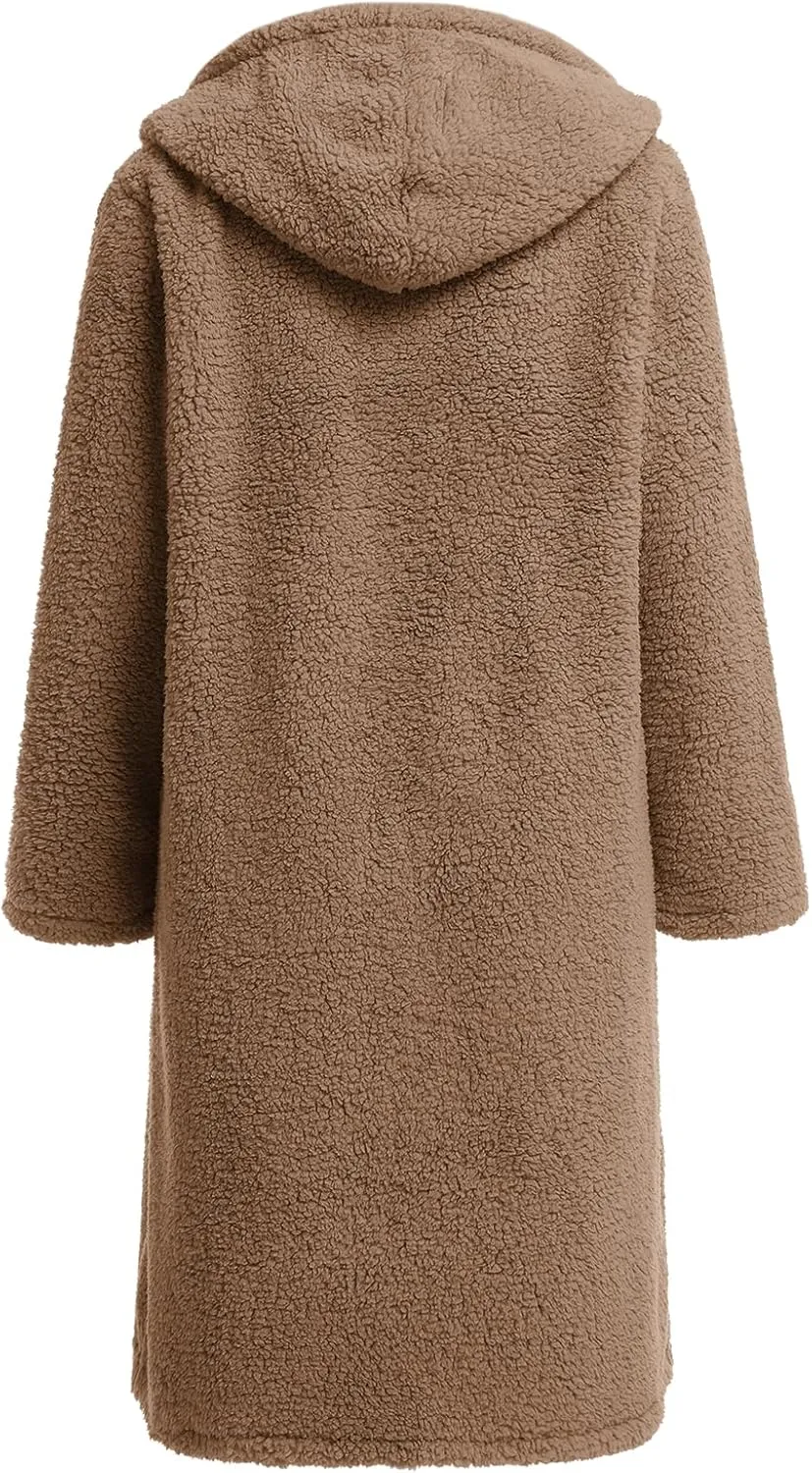 ODIZLI Women's Winter Coats Fuzzy Fleece Long Hooded Jackets Button Down Faux Fur Warm Outwear With Pockets