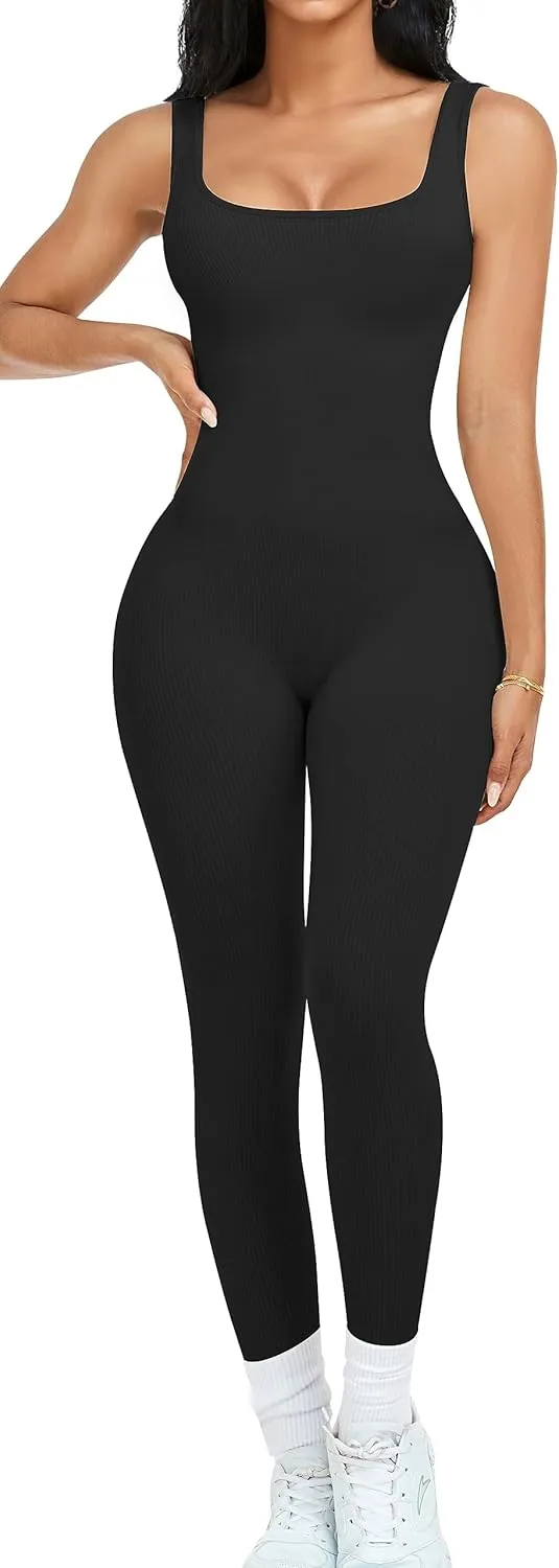 OLCHEE Womens Workout Rompers Jumpsuits Seamless Ribbed Yoga Gym One Piece Sleeveless Square Neck Tank Top Leggings Unitard