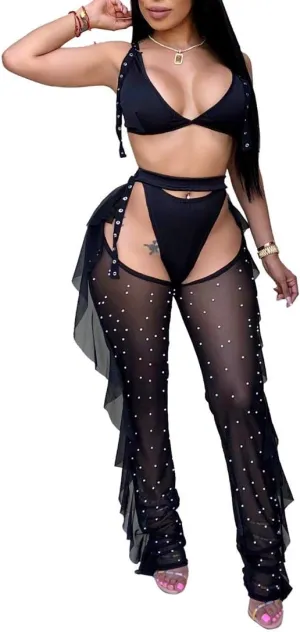 OLUOLIN Women Beading Pearl See Through Sheer Mesh 2 Pieces Outfits Jumpsuits Crop Top and Hollow Out Ruffle Long Pants