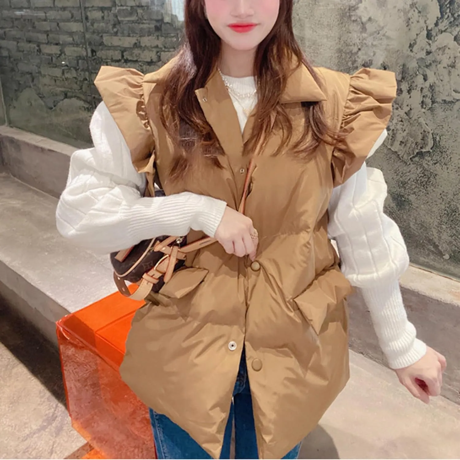 Omoone Puffer Vest Women Ruffle Sleeve Button Down Padded Quilted Puffy Jacket Coat Outwear