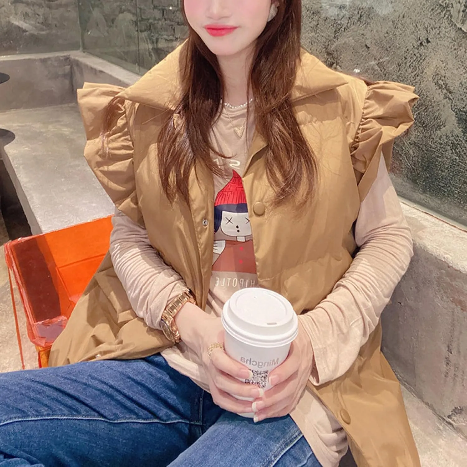 Omoone Puffer Vest Women Ruffle Sleeve Button Down Padded Quilted Puffy Jacket Coat Outwear