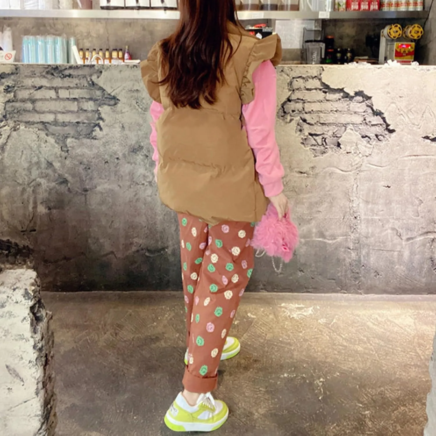 Omoone Puffer Vest Women Ruffle Sleeve Button Down Padded Quilted Puffy Jacket Coat Outwear