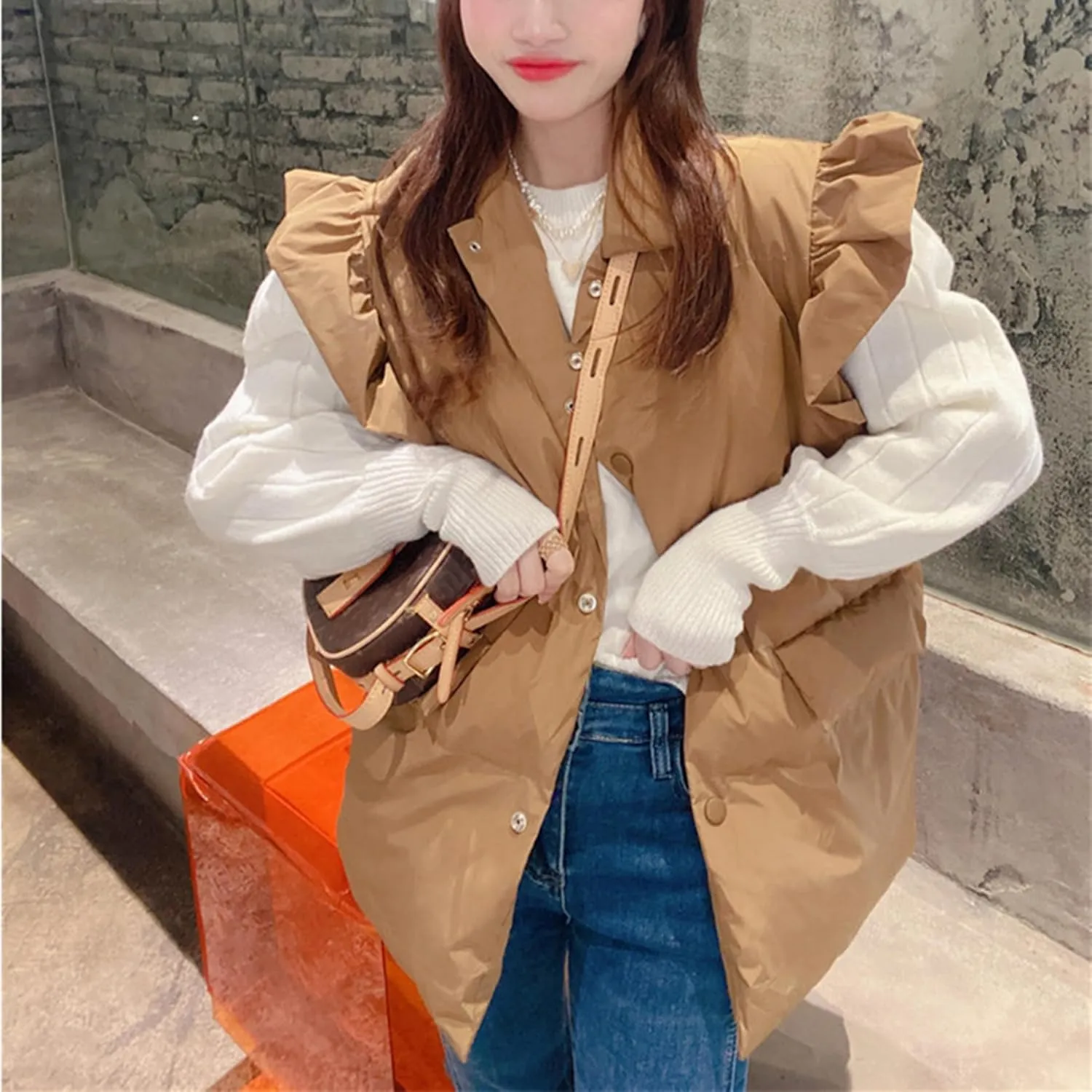 Omoone Puffer Vest Women Ruffle Sleeve Button Down Padded Quilted Puffy Jacket Coat Outwear