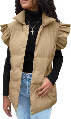 Omoone Puffer Vest Women Ruffle Sleeve Button Down Padded Quilted Puffy Jacket Coat Outwear