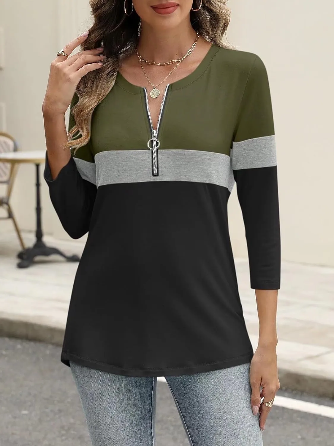 ORANDESIGNE Womens 3/4 Length Sleeve Tops Summer Color Block Zipper T Shirts Casual Ladies Tees