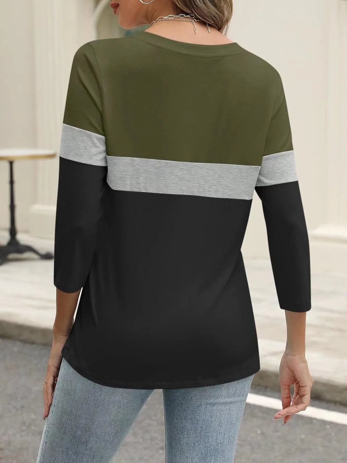 ORANDESIGNE Womens 3/4 Length Sleeve Tops Summer Color Block Zipper T Shirts Casual Ladies Tees