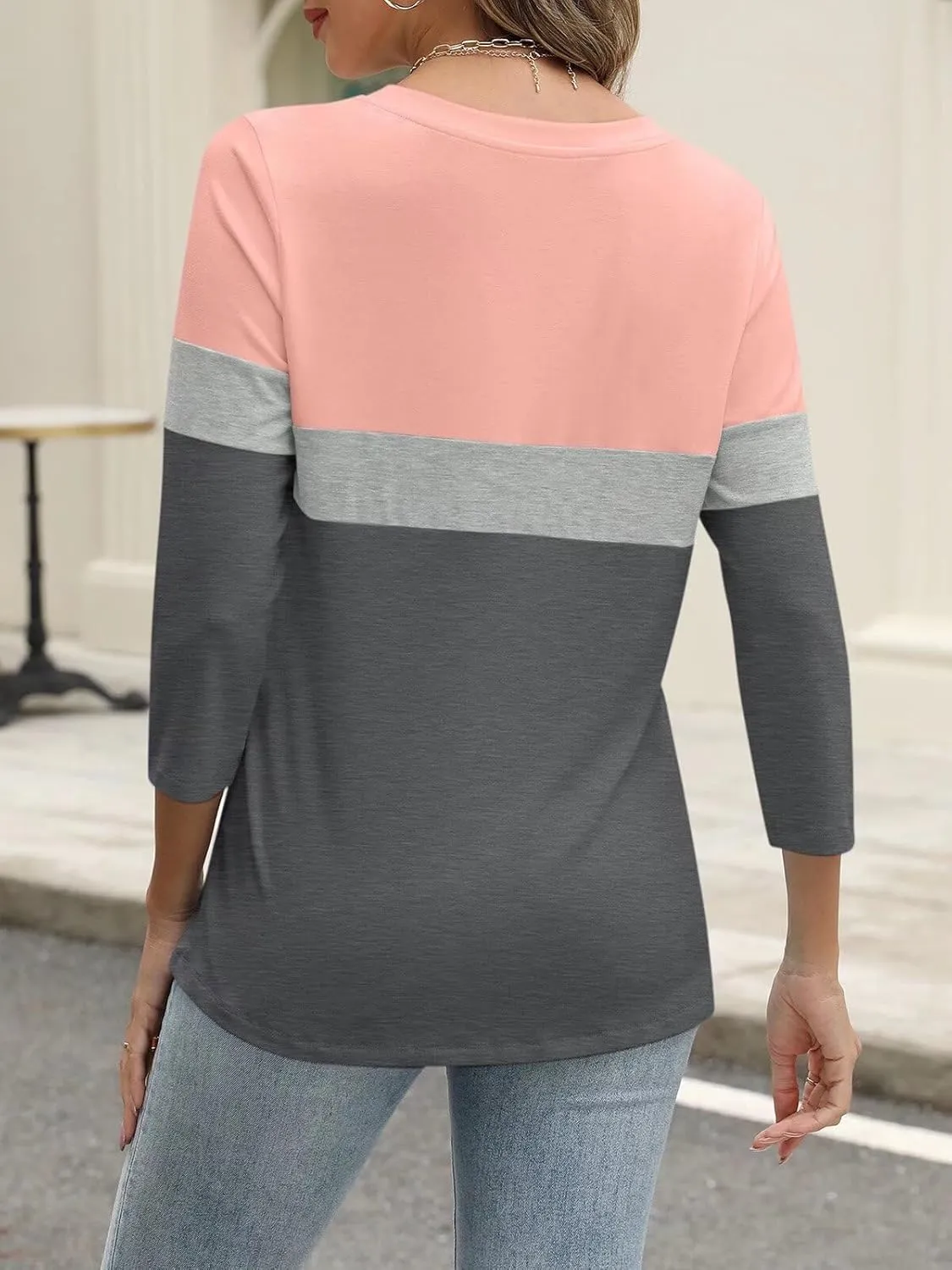 ORANDESIGNE Womens 3/4 Length Sleeve Tops Summer Color Block Zipper T Shirts Casual Ladies Tees