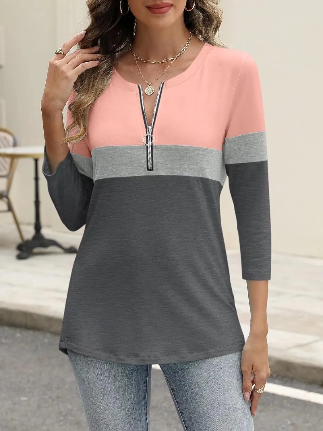 ORANDESIGNE Womens 3/4 Length Sleeve Tops Summer Color Block Zipper T Shirts Casual Ladies Tees