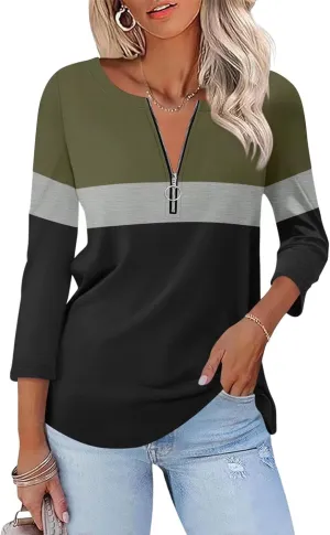 ORANDESIGNE Womens 3/4 Length Sleeve Tops Summer Color Block Zipper T Shirts Casual Ladies Tees