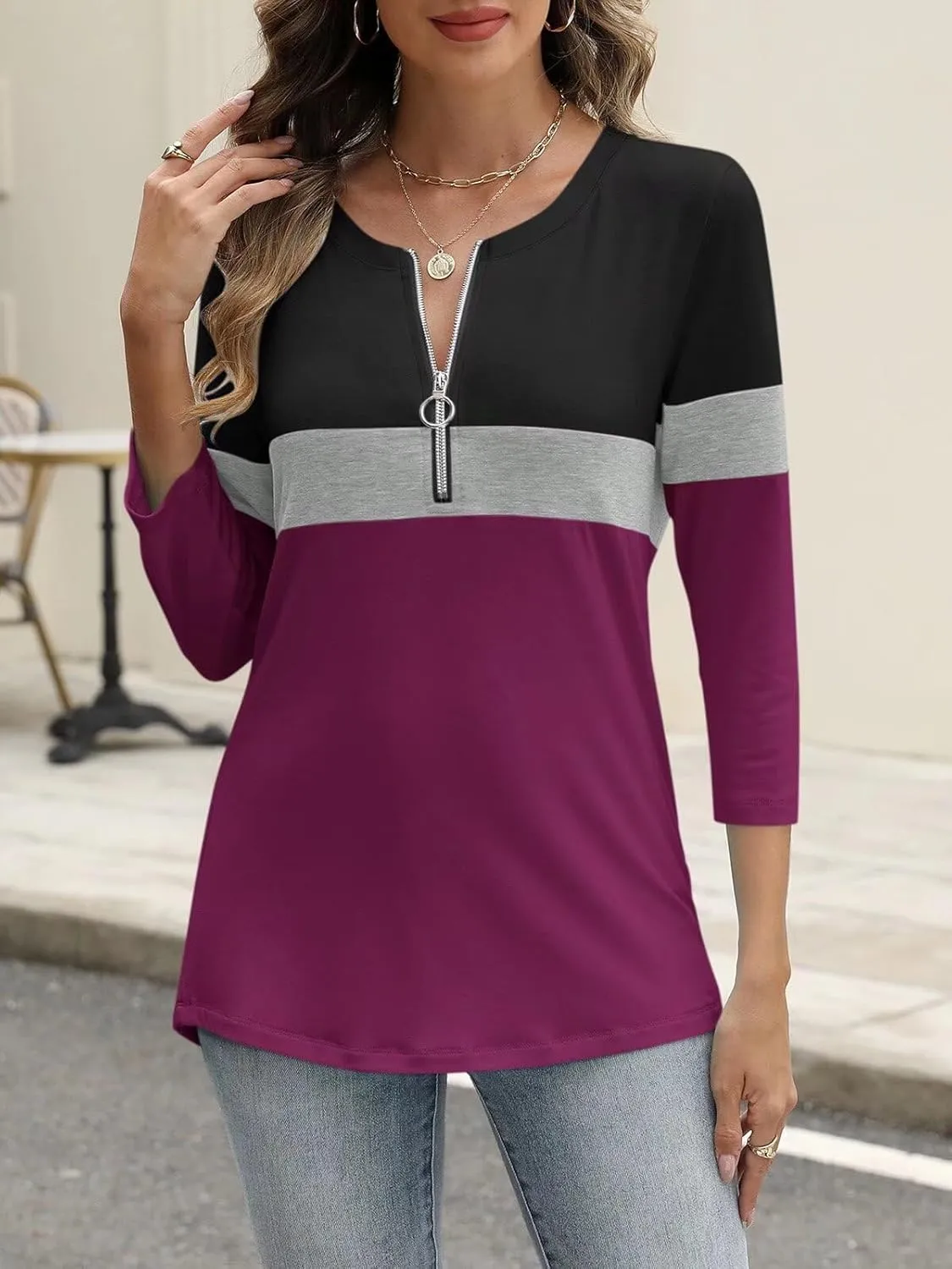 ORANDESIGNE Womens 3/4 Length Sleeve Tops Summer Color Block Zipper T Shirts Casual Ladies Tees
