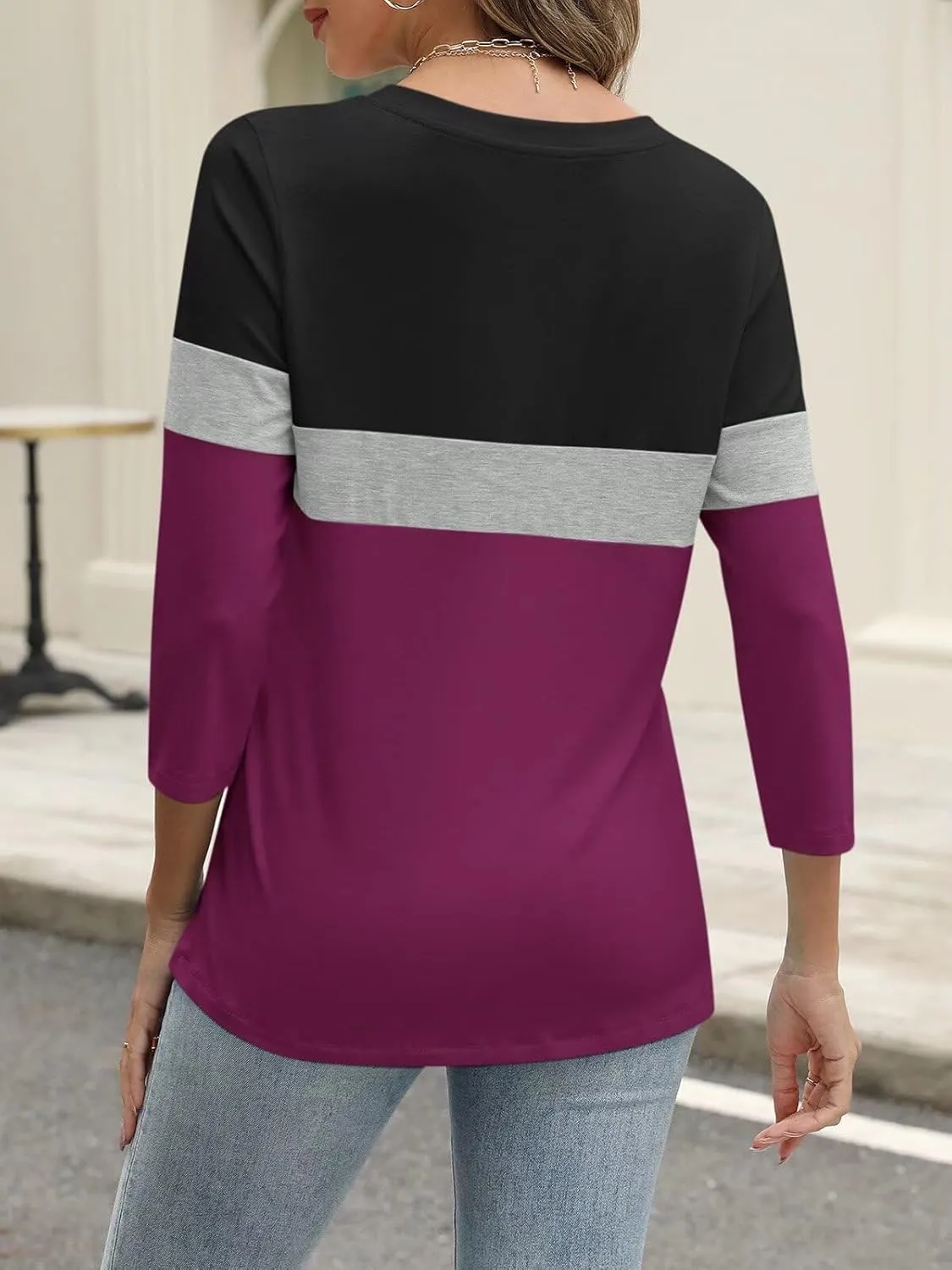 ORANDESIGNE Womens 3/4 Length Sleeve Tops Summer Color Block Zipper T Shirts Casual Ladies Tees