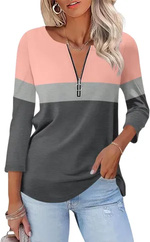 ORANDESIGNE Womens 3/4 Length Sleeve Tops Summer Color Block Zipper T Shirts Casual Ladies Tees