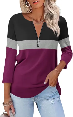 ORANDESIGNE Womens 3/4 Length Sleeve Tops Summer Color Block Zipper T Shirts Casual Ladies Tees