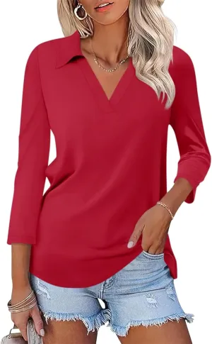 ORANDESIGNE Women's 3/4 Sleeves V Neck Polo Shirts Casual Summer Tops Basic Collar Cute Tees