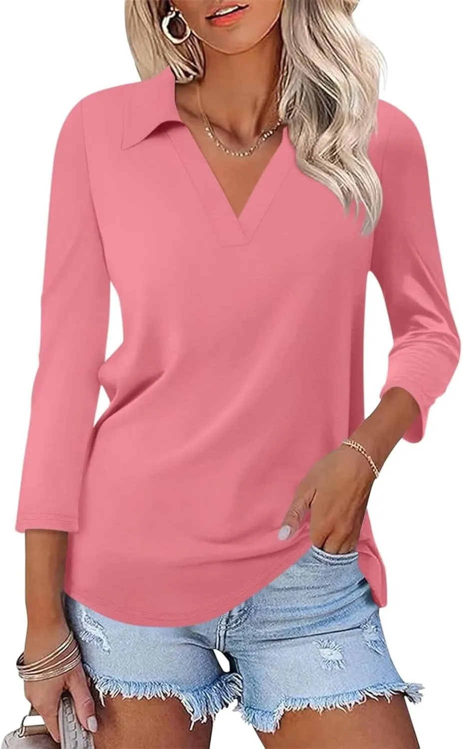 ORANDESIGNE Women's 3/4 Sleeves V Neck Polo Shirts Casual Summer Tops Basic Collar Cute Tees