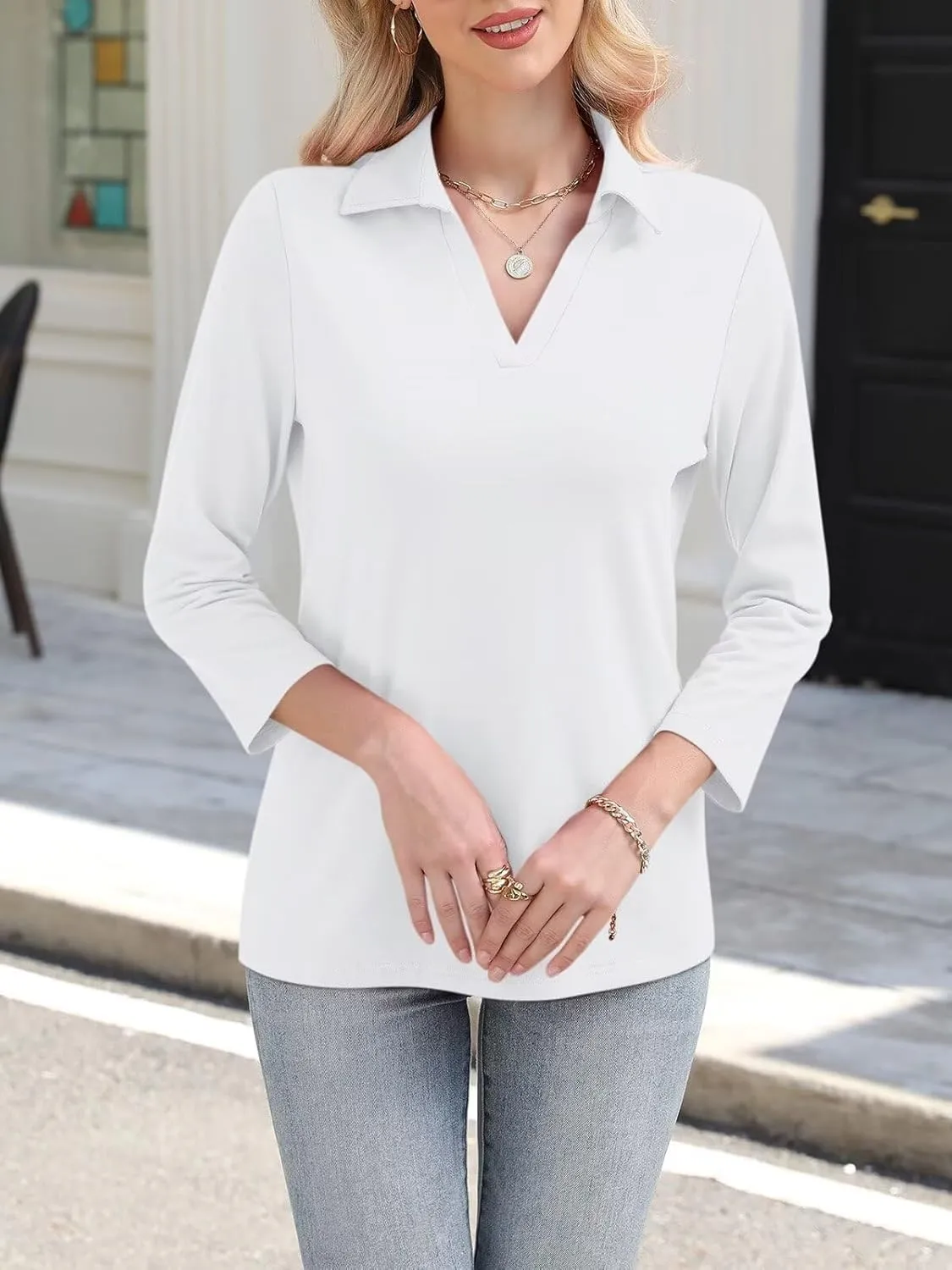 ORANDESIGNE Women's 3/4 Sleeves V Neck Polo Shirts Casual Summer Tops Basic Collar Cute Tees